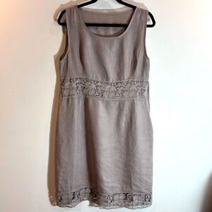 DRESS SZ XL 100% Linen Unlined Hem and Waist Lace Cool Beige Soft Knee Length